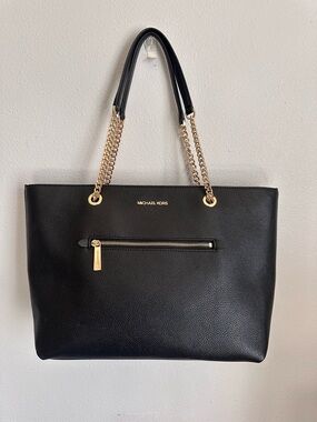 Michael Kors Black Pebbled Leather Tote with Gold Chain Straps